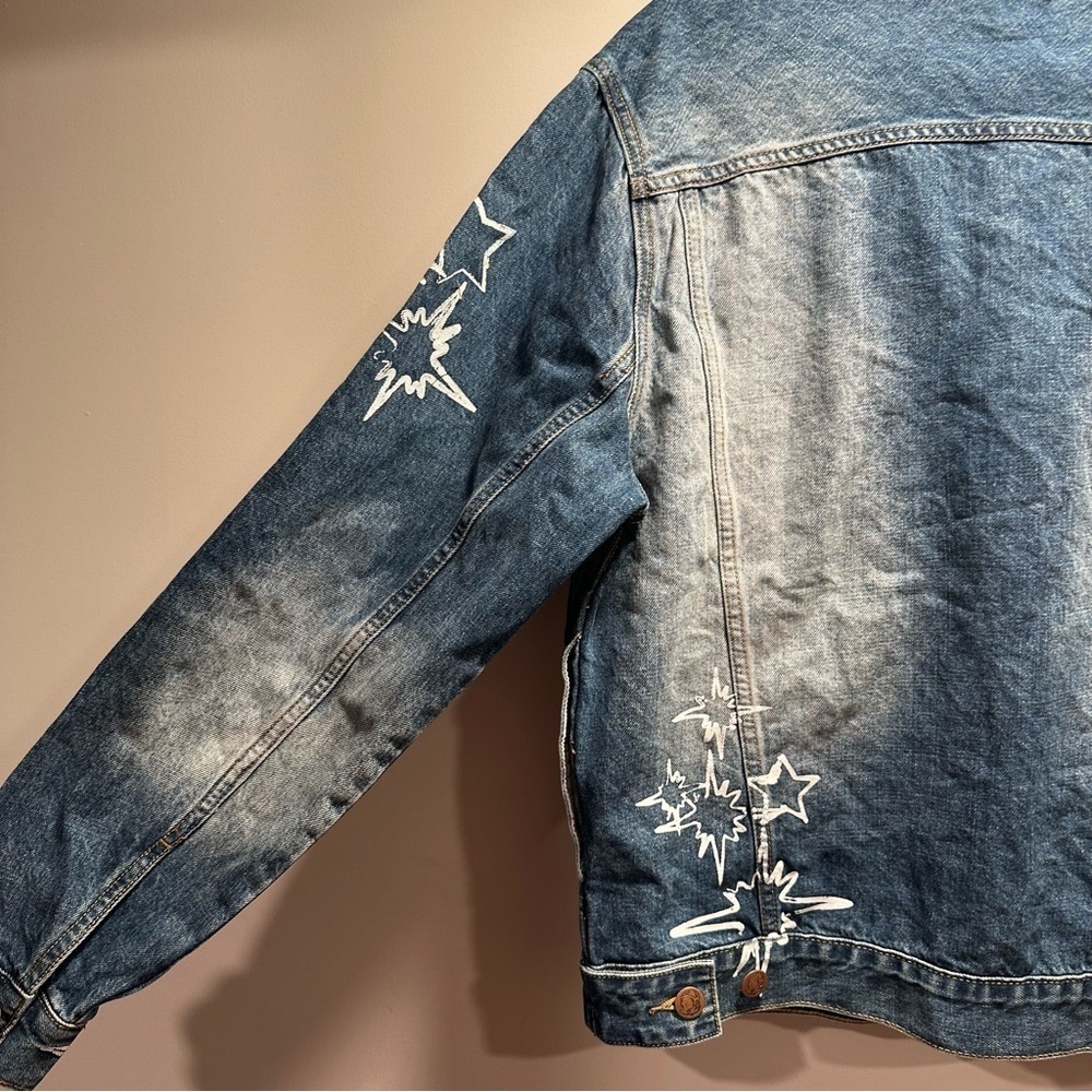 Billionaire Boys Club Button Up Denim Jacket Stars Faded Wash Distressed Collar - Picture 9 of 16